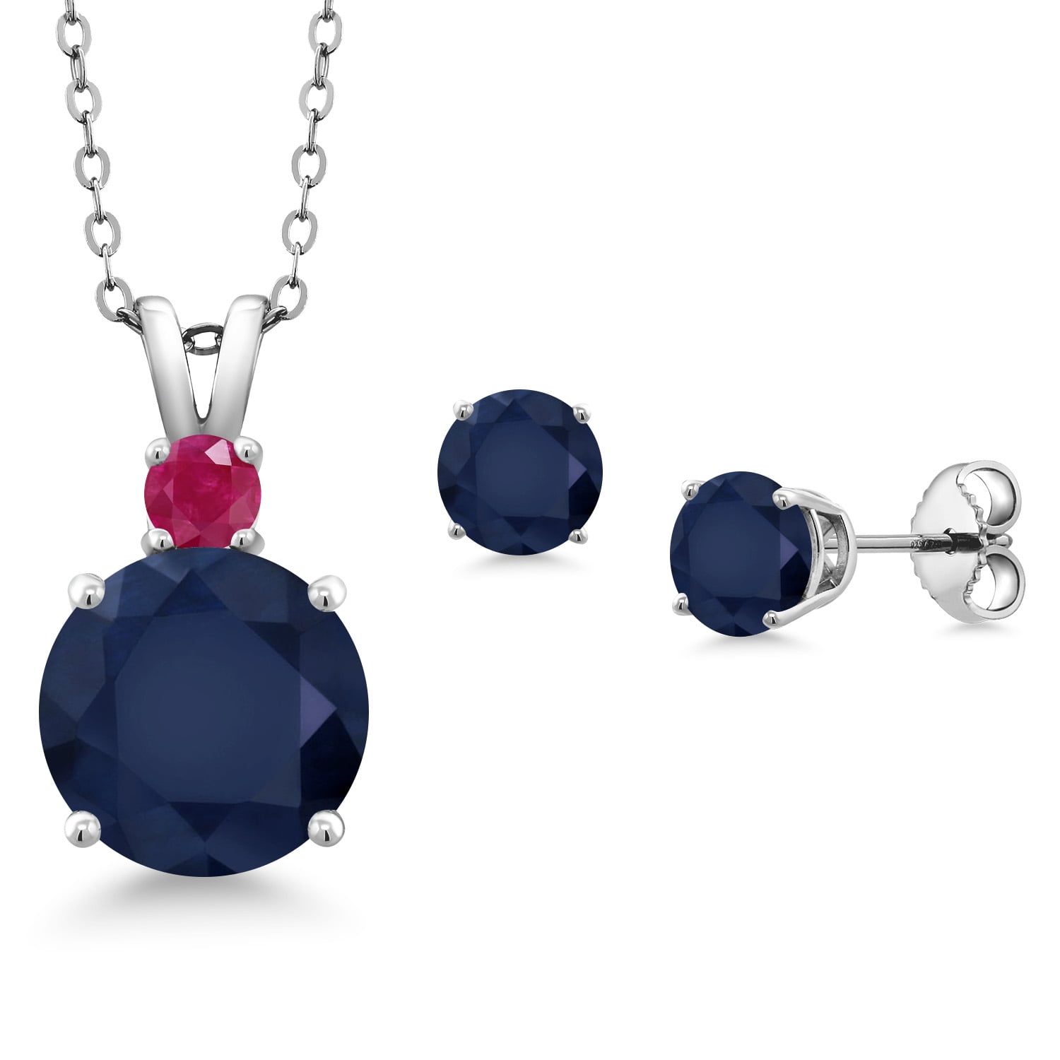 Gem Stone King 925 Sterling Silver Round Blue Sapphire and Red Ruby Pendant and Earrings Jewelry Set for Women (6.40 Cttw Gemstone Birthstone with 18 inch Chain)