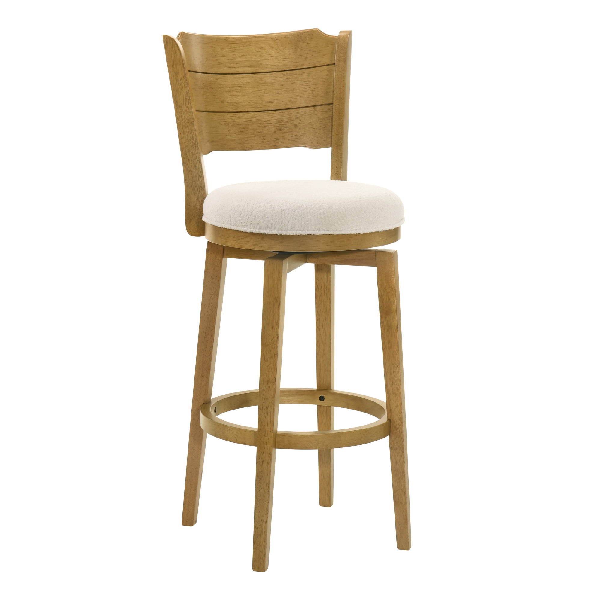 Winsley Coastal Modern Swivel Wood Bar Height Kitchen Bar Stool in Amber Glow Finish with White Boucle Fabric Upholstered Seat - Set of 3