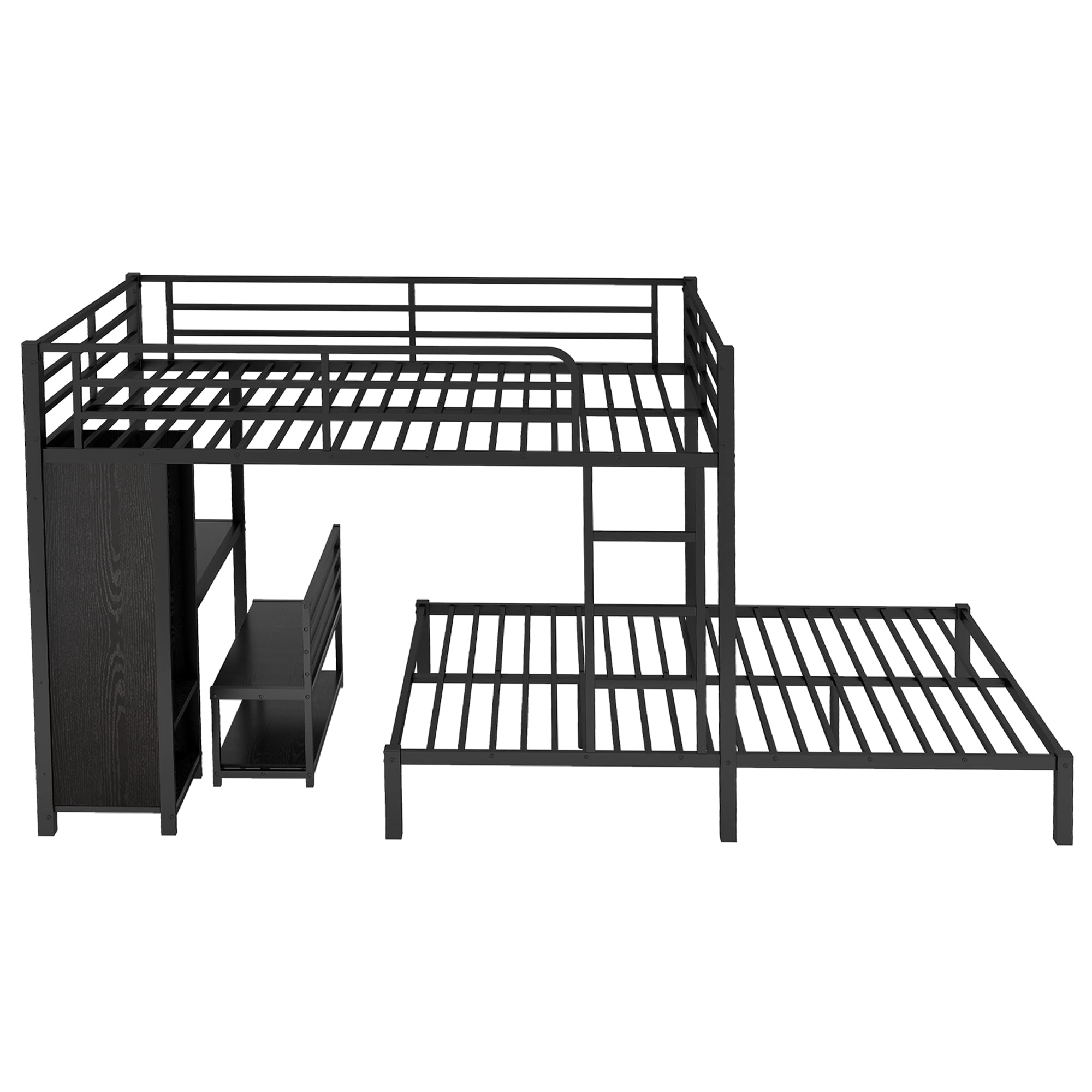 Queen over Queen Bunk Bed with Built-in Wardrobe,Heavy Duty Metal Bunk Bed with Desk and Storage Chairs,Black