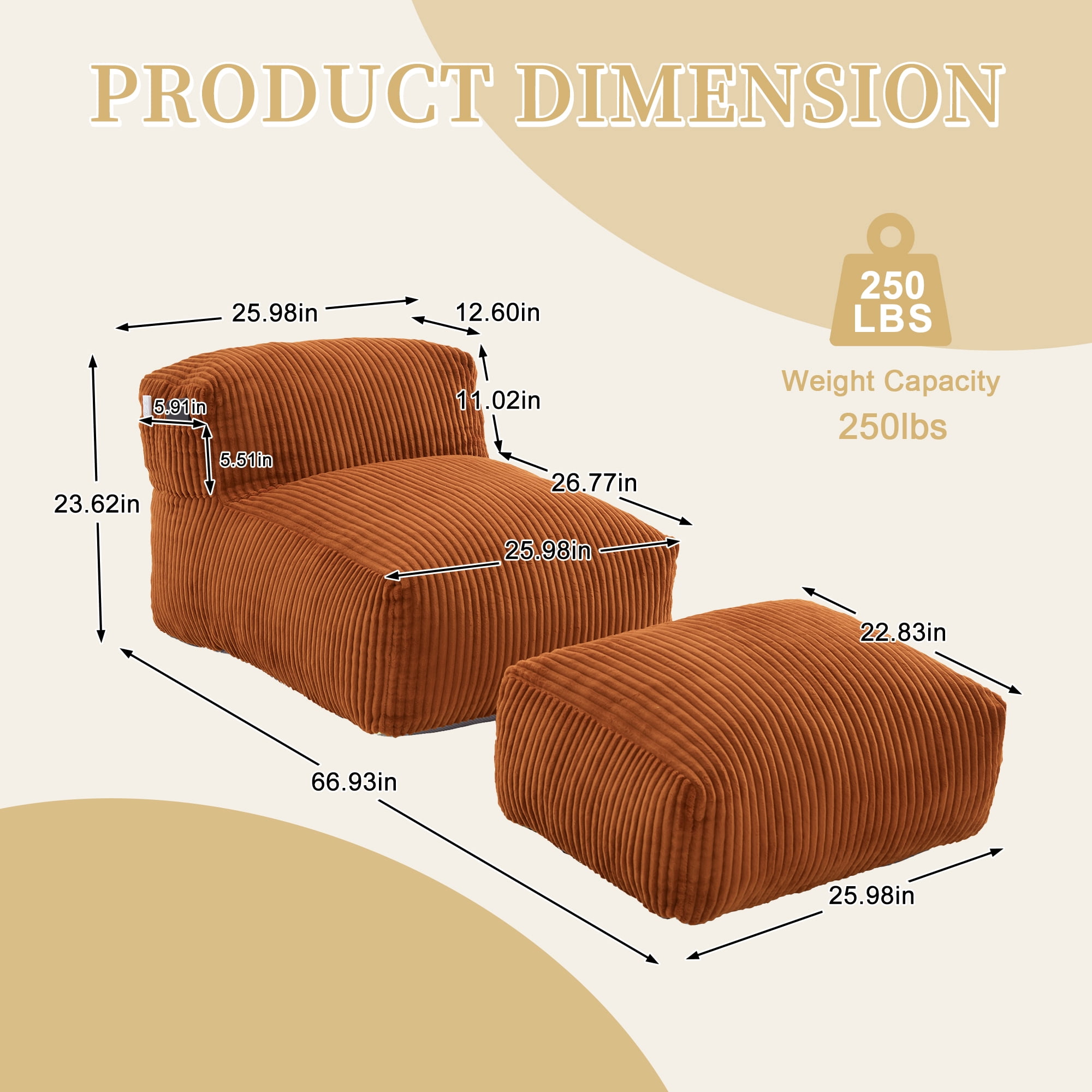 Avobird Big Bean Bag Chair, Lounger Large Bean Bag Sofa With ottoman, Memory Foam Filled Beanbag Chair for Living Room Bedroom, Ergonomic Support & Premium Com, Orange