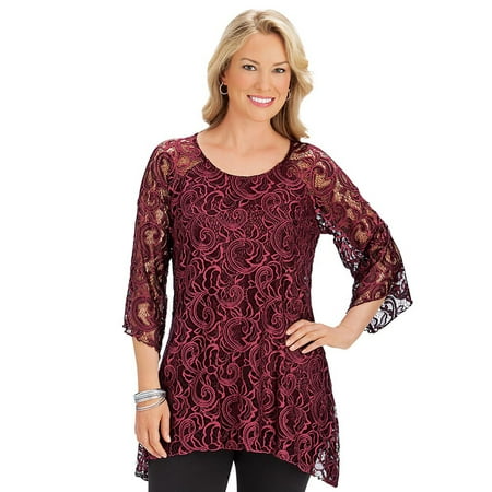 - women's elegant 3/4 sleeve lace tunic top with sharkbite hemline & attached lining, x-large, ivory - made in the usa