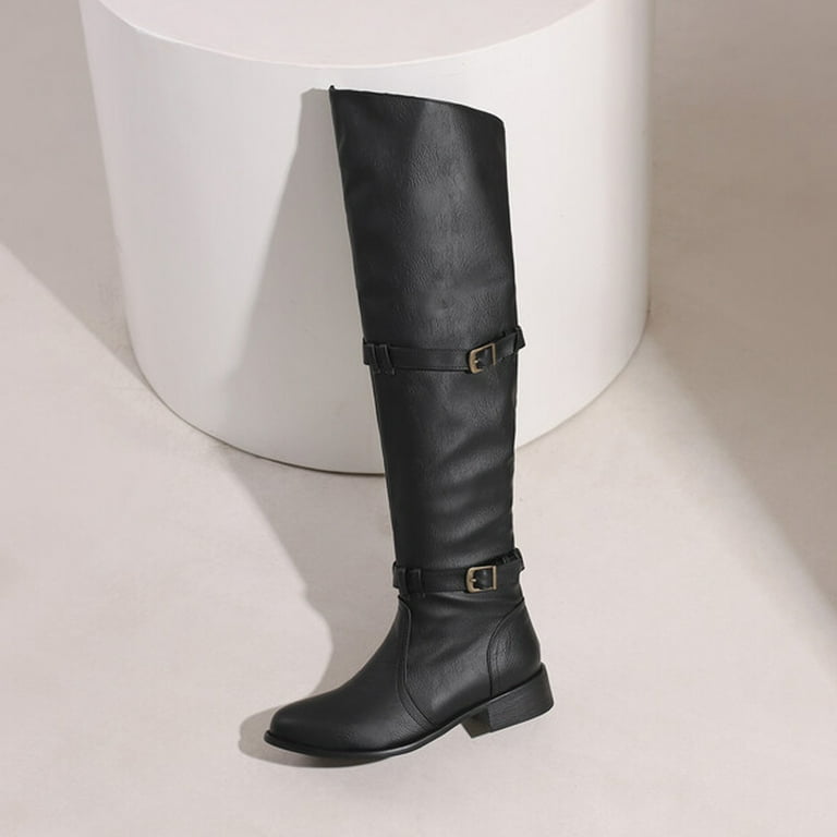 KIJBLAE Women's Knee High Boots Buckle Fold Over Leather Boots