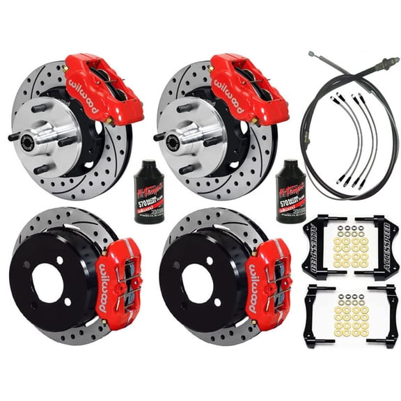 WILWOOD 11 FRONT & REAR BIG BRAKE KIT with FREE BRAKE LINES, PARKING BRAKE CABLE & FLUID, FRONT DYNALITE REAR DYNAPRO, DRILLED ROTORS Red CALIPERS, For 1964 1965 MUSTANG 4-LUG WITH 6-CYL