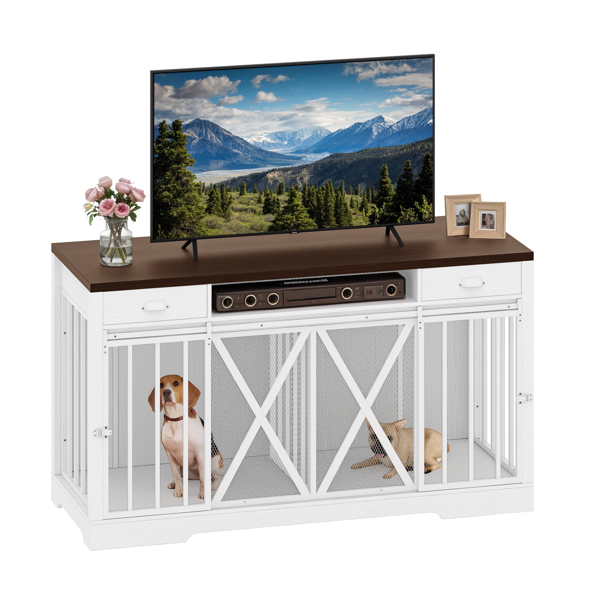 Uforic 63" Dog Crate Furniture with 2 Drawers,TV Stand with Charging Station 63" Large Wooden Indoor Dog Kennel - White