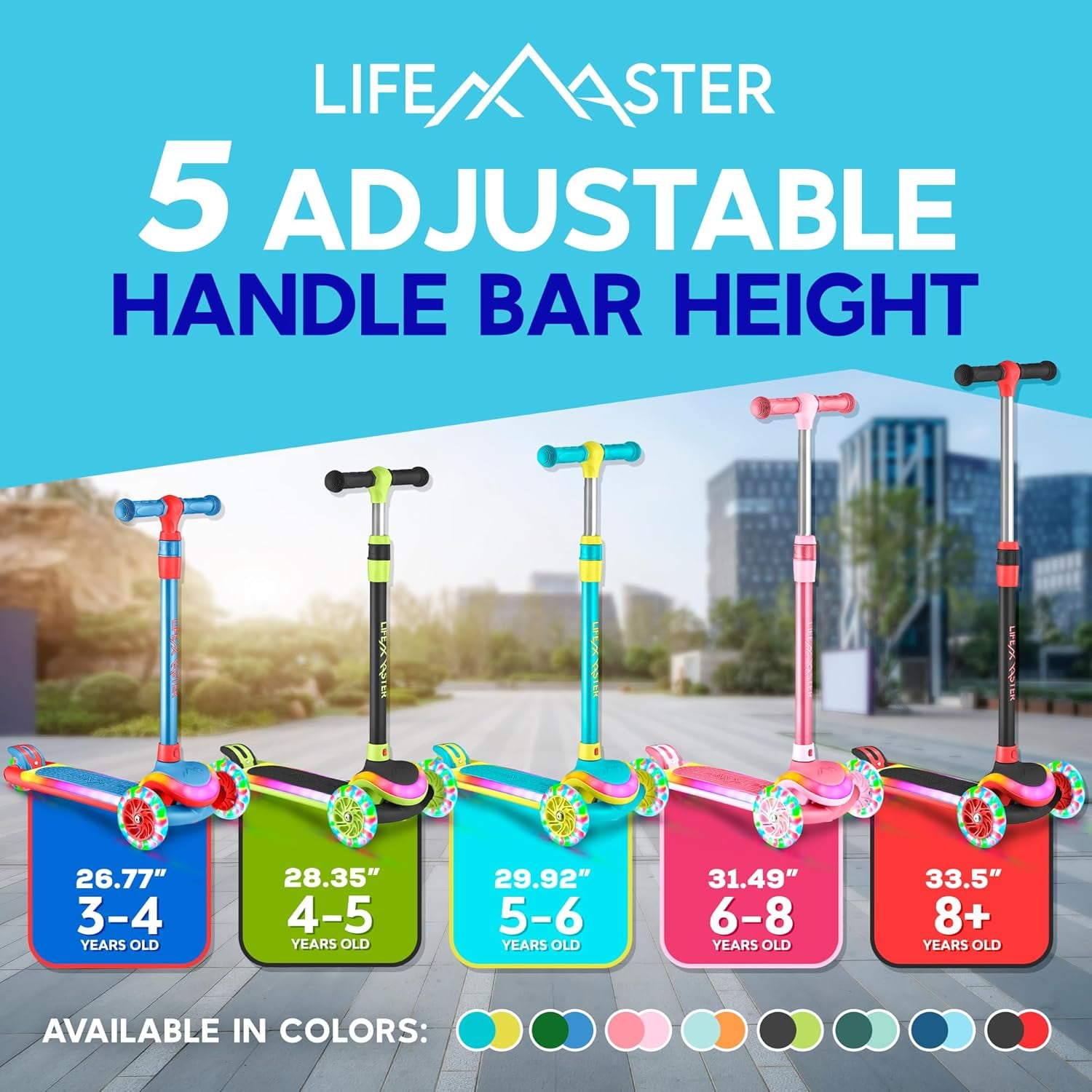 Lifemaster 3-Wheel Kids Scooter with Multi-Color Lights on Deck & Wheels – 5-Height Handlebar, Wide Anti-Slip Deck, Child Safety Certified, Boys & Girls Ages 3+ Supports Up to 150 lbs, Aqua Yellow