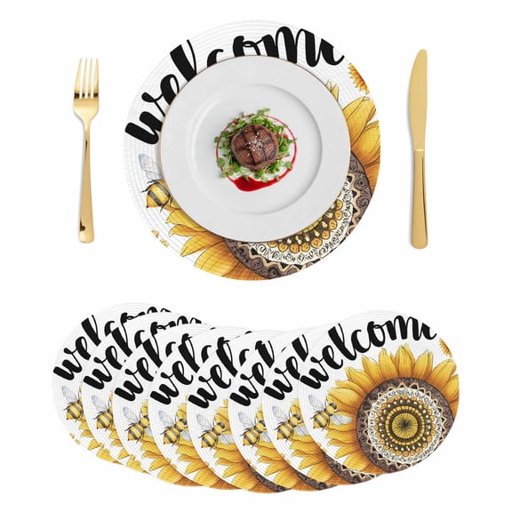 Welcome Round 15 Inch Placemats Set of 8, Summer Sunflowers Bohemia Floral Country HeatResistant Non Slip Place Mats for Dining Table, Wipeable Braided Kitchen Table Mats for Housewarming