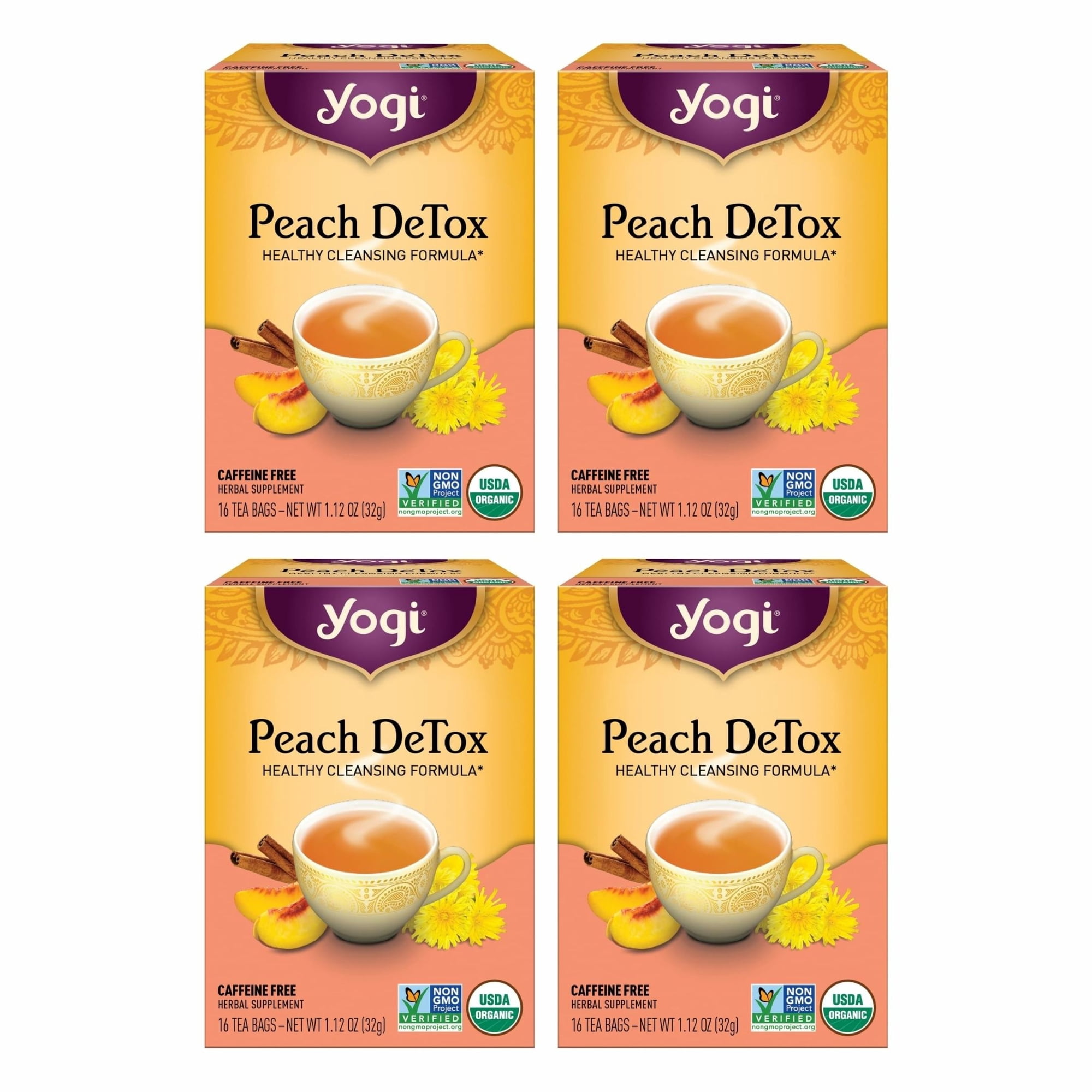 Yogi Tea Peach DeTox - Organic DeTox Tea to Feel Refreshed - Includes Cinnamon Bark, Ginger Root, Cardamom Pod, Burdock Root, Dandelion Root & More - 16 Bags per Pack (4 Packs)