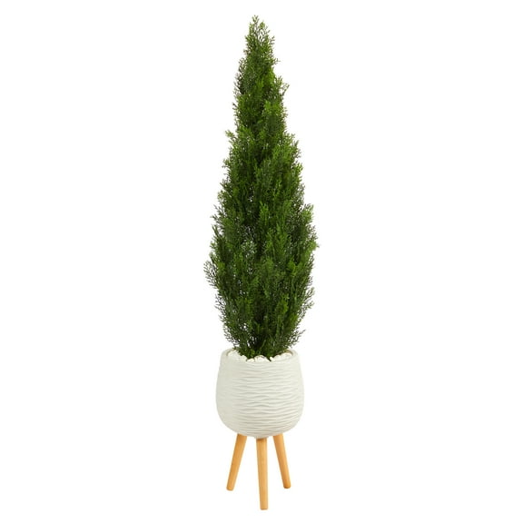 Nearly Natural 5' Cedar Artificial Tree in White Planter with Stand (Indoor/Outdoor)