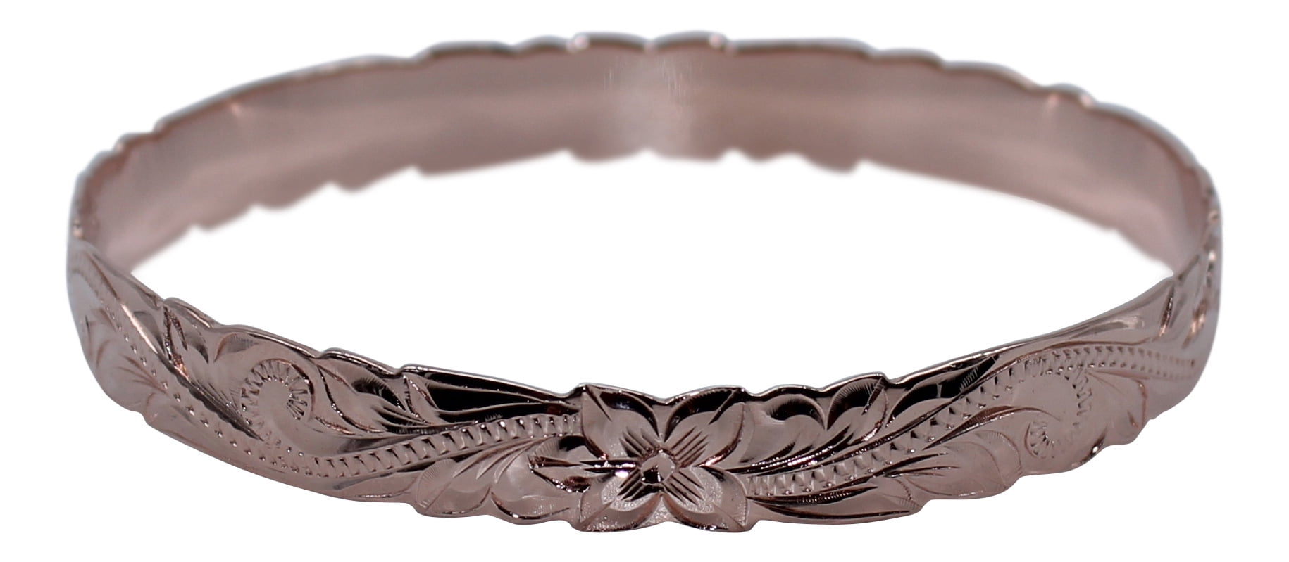 Rose Gold Plated Sterling Silver 8mm Hawaiian Plumeria Engraved Bangle Bracelet, 7.5 Inches