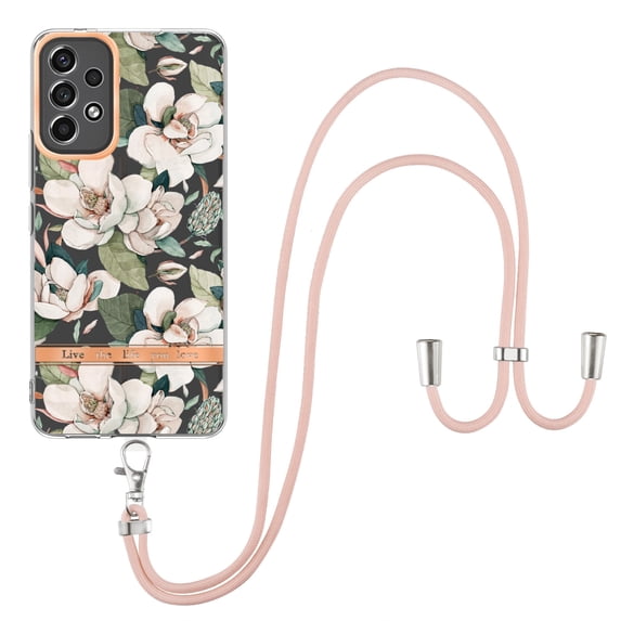 Flower Pattern Case for Samsung Galaxy A73 5G, Detachable Shoulder Strap Lanyard Crossbody Slim Lightweight Floral Cover with Soft Silicone Shockproof Drop Resistant Case,Green