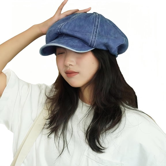 CoCoMangos Women's Washed Denim Newsboy Cap Fashion Vintage 8 Panels Visor Beret Girls Octagonal Cap Painter Hat