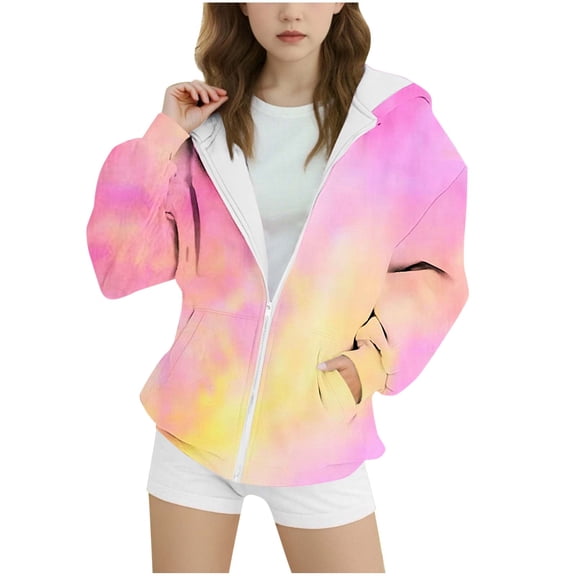 Girls Zip Up Hoodie Kids Fashion Tie Dye Gradient Oversized Long Sleeve Sweatshirt Jacket with Pockets Teen Girls Cute Preppy Zipper Hooded Sweatshirts Coats Casual Loose Fall Winter Clothes