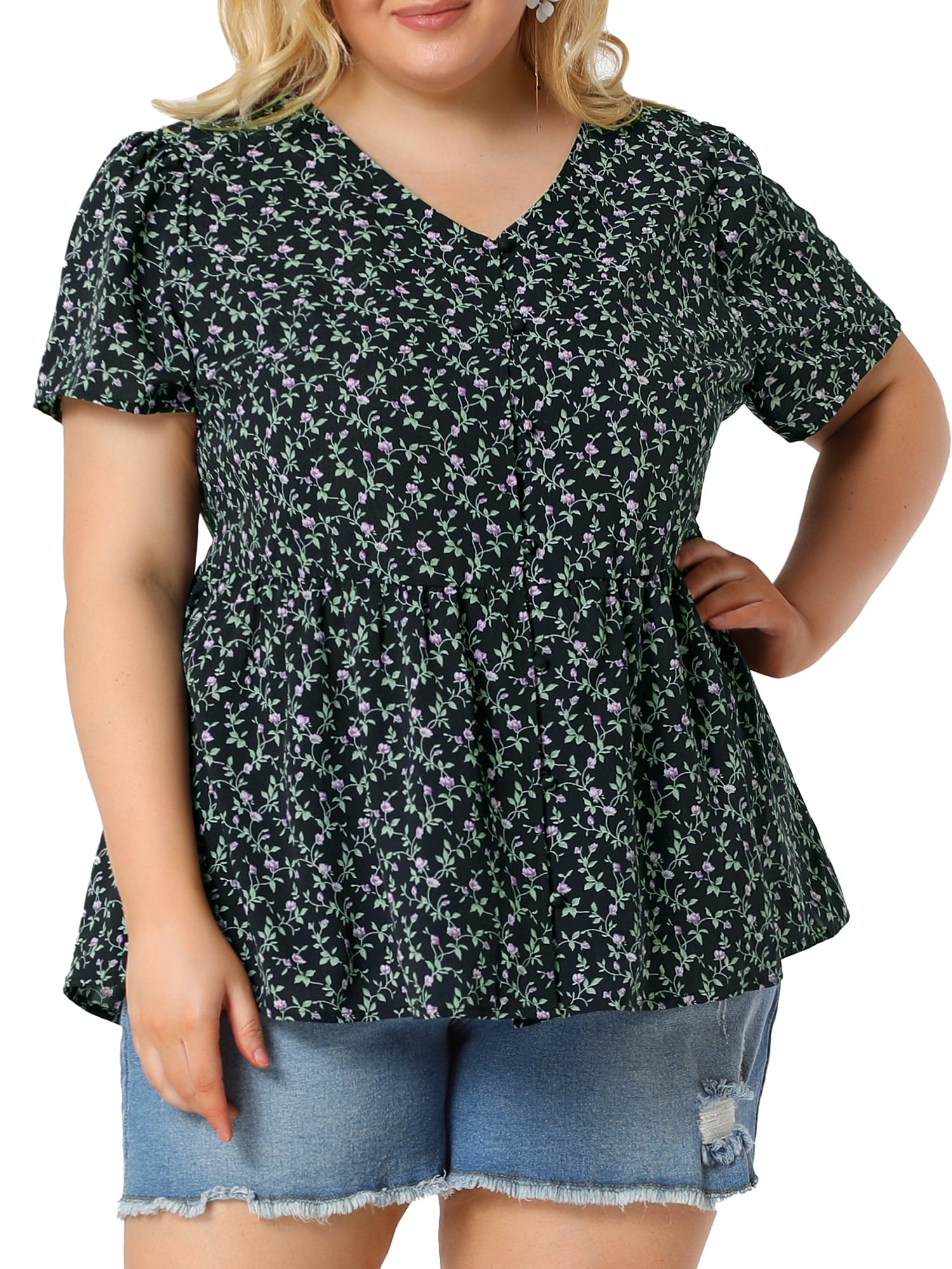 Unique Bargains Juniors' Plus Size V Neck Ruffle Hem Cinched Waist Floral Peplum Top 1X Navy