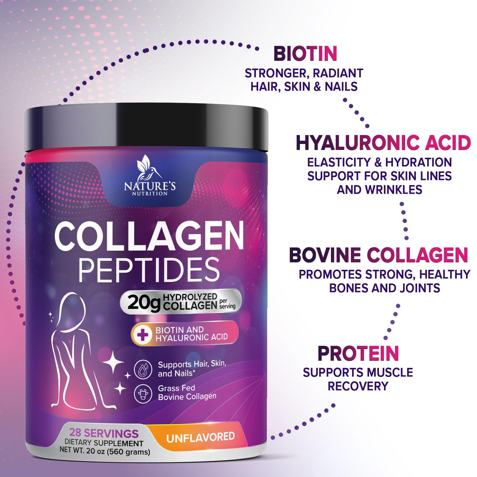 Collagen Peptides Powder - Hydrolyzed Type 1 & 3 Collagen Peptides 20g per Serving with Hyaluronic Acid & Biotin - Vital Nail, Skin & Joint Support - No Sugar, Unflavored, Bottled in USA, 28 Servings