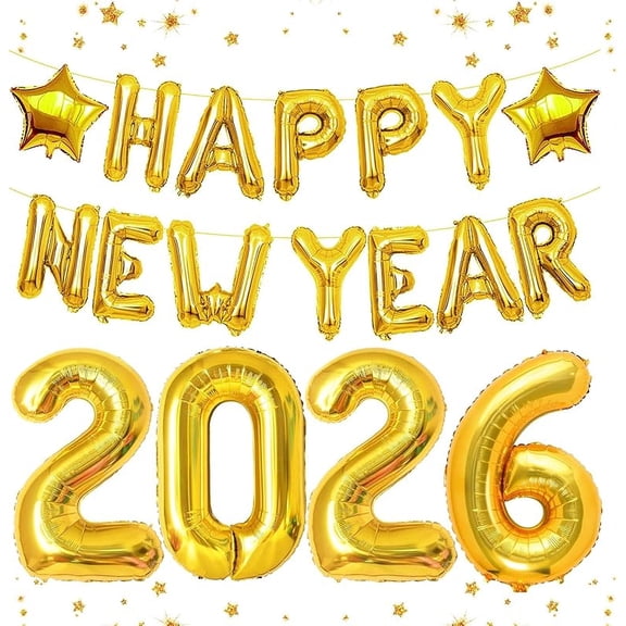Large 32in 2026 Balloons  16in Happy New Year Banner Balloons (Premium Gold Foil), Ideal New Years Eve Party Supplies 2026, with Star Balloon, NYE Balloon, Perfect for NYE Decorations