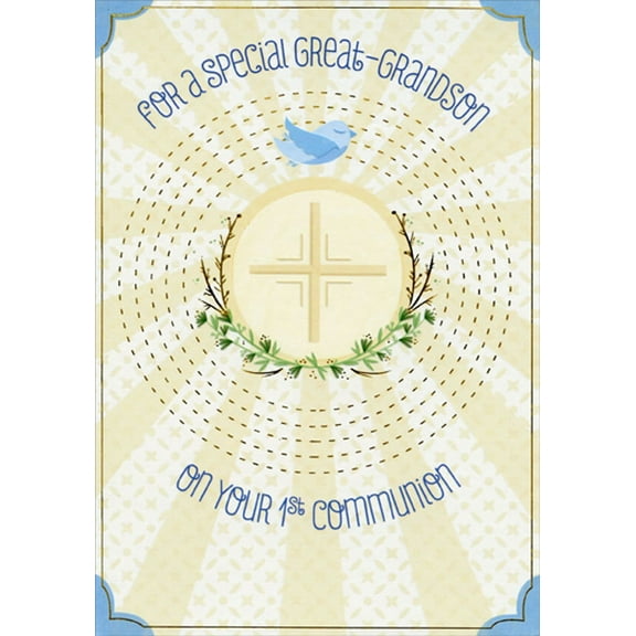 Designer Greetings Cross, Vines and Blue Bird 1st / First Communion Card for Great-Grandson