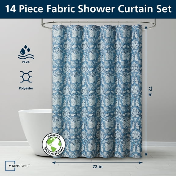 Mainstays 14-Piece Blue Medallion Shower Curtain Set – Fabric Curtain, PEVA Liner & Metal Hooks, 72"x72", Moisture-Resistant