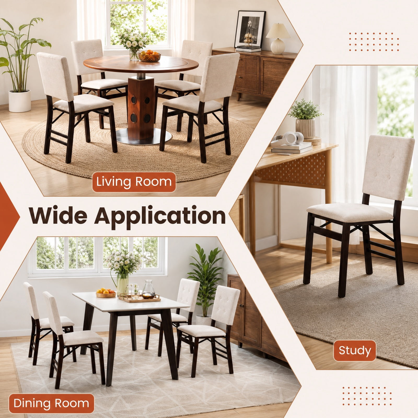 Furnibear Foldable Dining Chair Set of 2 Armless Kitchen Chair with Padded Seat and Tilt Backrest for Kitchen Dining Room Living Room Home, Beige