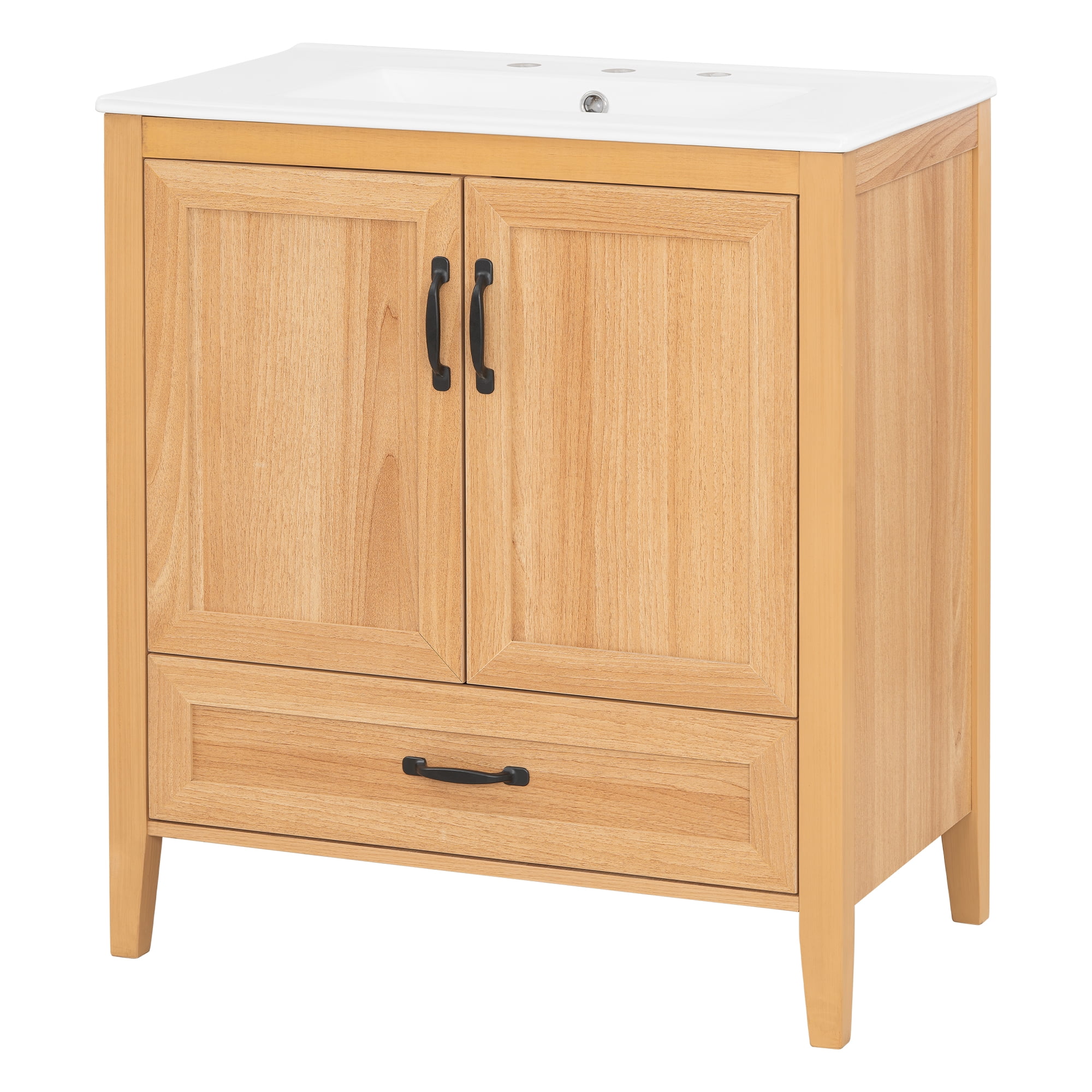 30" Natural Wood Grain Bathroom Vanity with Ceramic Sink Top, Solid Wood Legs, Soft-Close Double Doors & Bottom Drawer, Adjustable Interior Shelf, Door-mounted Organizers