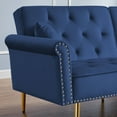 thumbnail image 6 of 76.7" Accent Sofa, Velvet Tufted Futon Sofa Couch with Two Soft Pillows, Loveseat Sofa with Nailhead Trim and Gold Mental Legs, Convertible Folding Sofa Bed, for Compact Spaces, Blue, 6 of 7