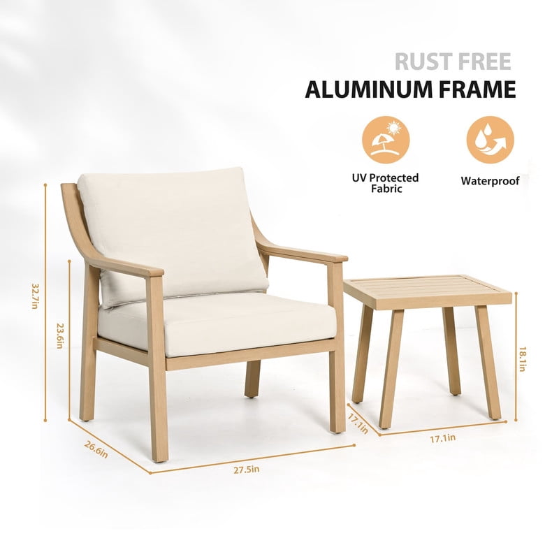 3-Piece Patio Bistro Set, All-Weather Aluminum Outdoor Conversation Set Includes 1 Side Table and 2 Cushioned Armchairs