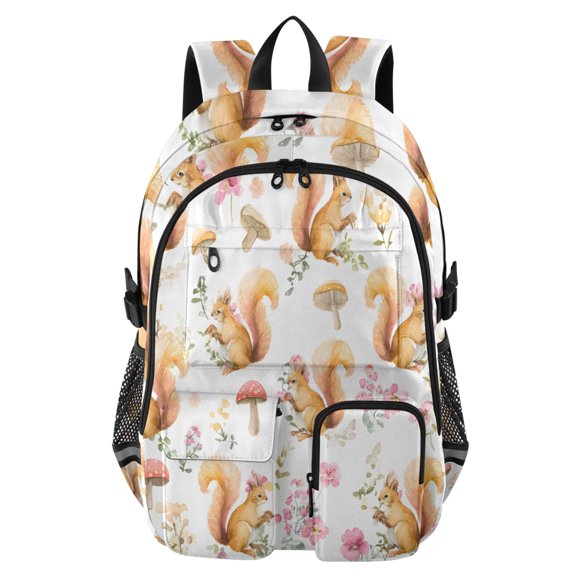DIXRUYEE Squirrel Mushroom Flower Pattern Backpack for School 14”Laptop Compatible with Reflective Safety Strips