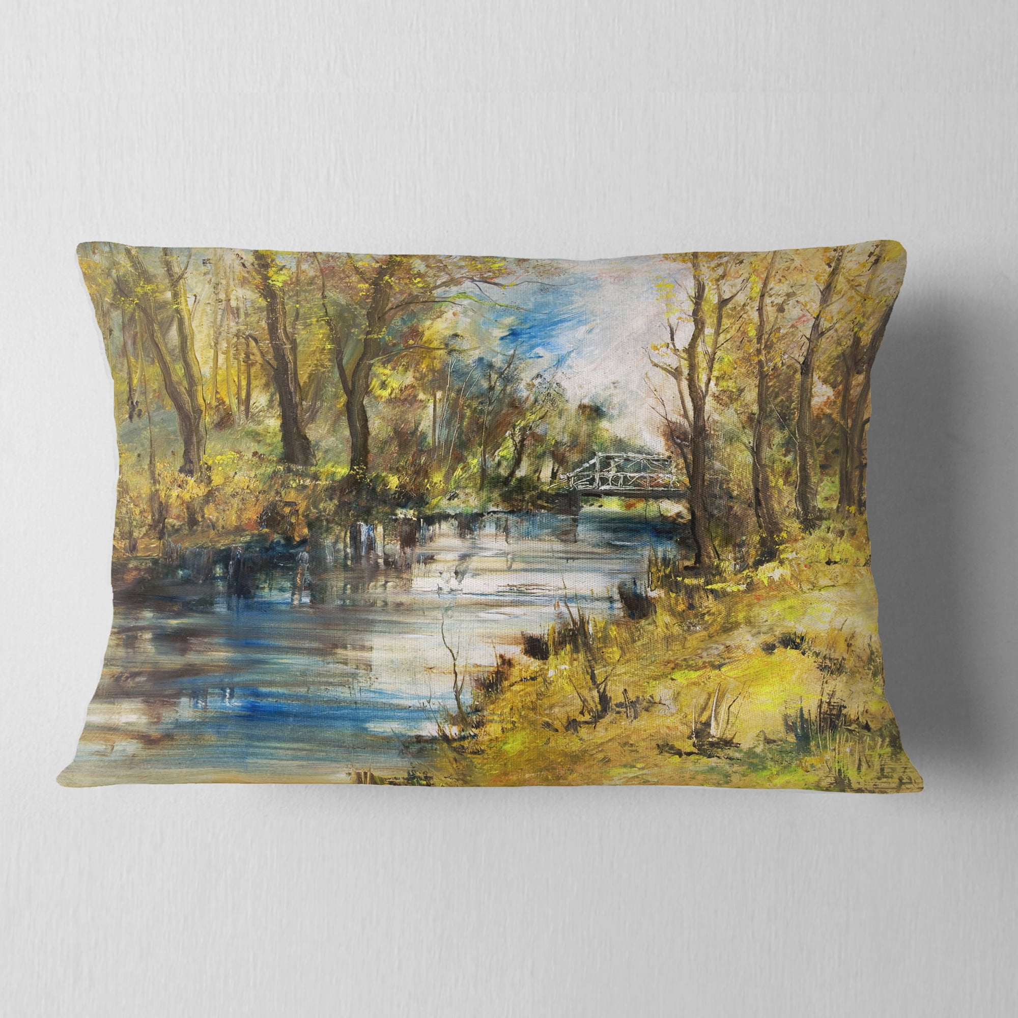 Designart Bridge Over River Oil Painting - Landscape Painting Throw Pillow - 12x20