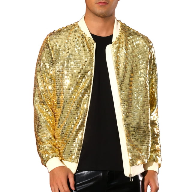 Chaquetas Varsity de lentejuelas INSPIRE CHIC para hombres, chaqueta bomber de béisbol brillante y reluciente con cremallera para festivales y discotecas, 2XL dorada