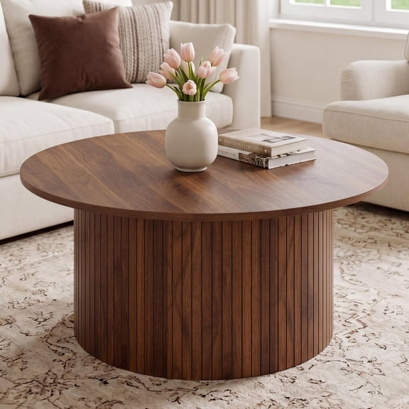Modern Fluted Coffee Table – 31.5“ Round Farmhouse Accent Table with Metal Frame – Walnut Finish – Sturdy & Easy Assembly