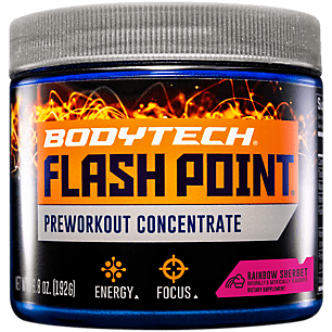 BodyTech Flash Point Pre Workout Concentrate for Energy, Focus  Stamina, Rainbow Sherbert (201 Grams Powder)