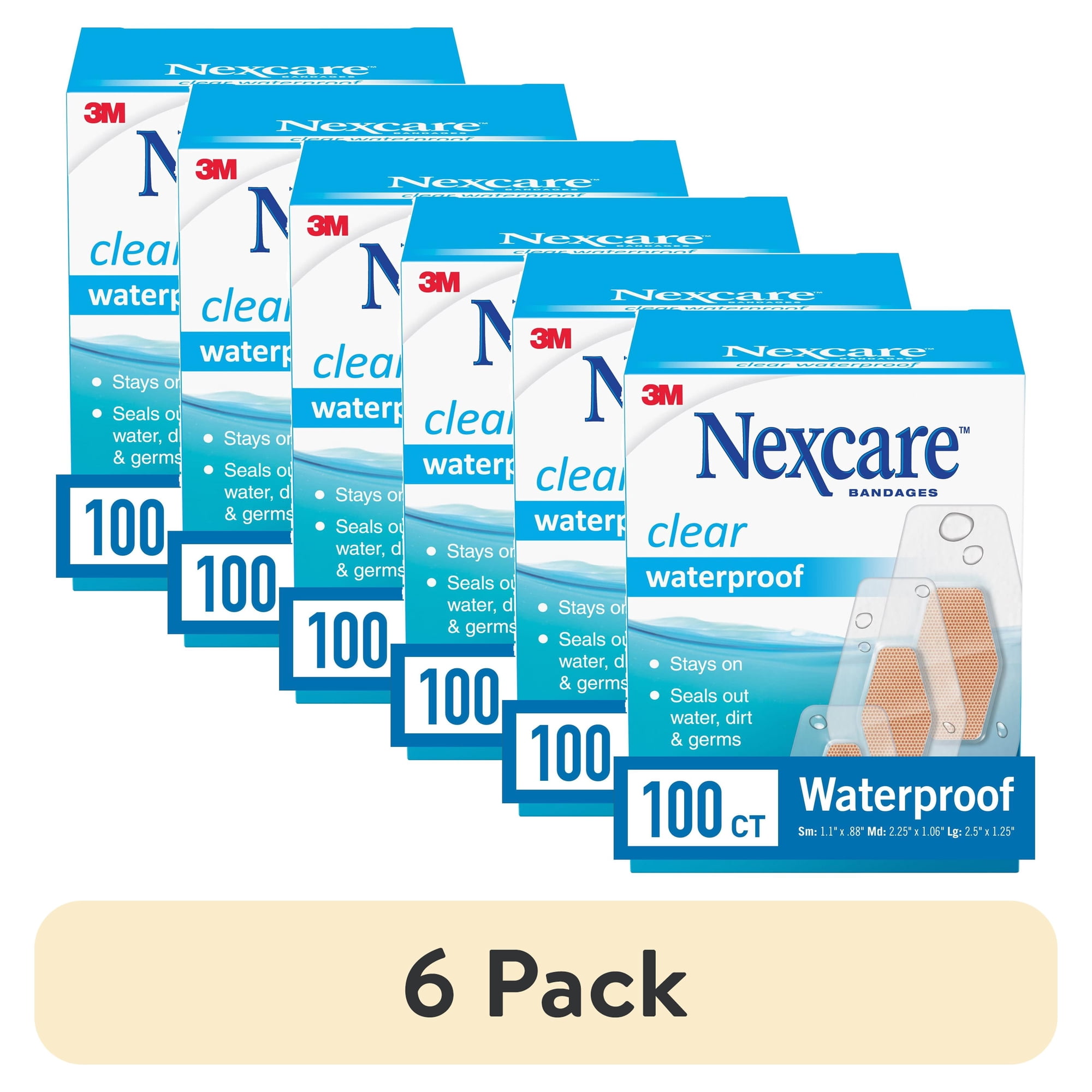 (6 pack) Nexcare Waterproof Assorted Bandages, Clear, 100ct