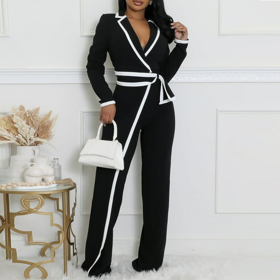 Xdegoge Long Sleeve Jumpsuit for Women Notched Collar High Waist Jumpsuits Formal Party Rompers with Belt Fashion 2026 Casual Vacation Outfit