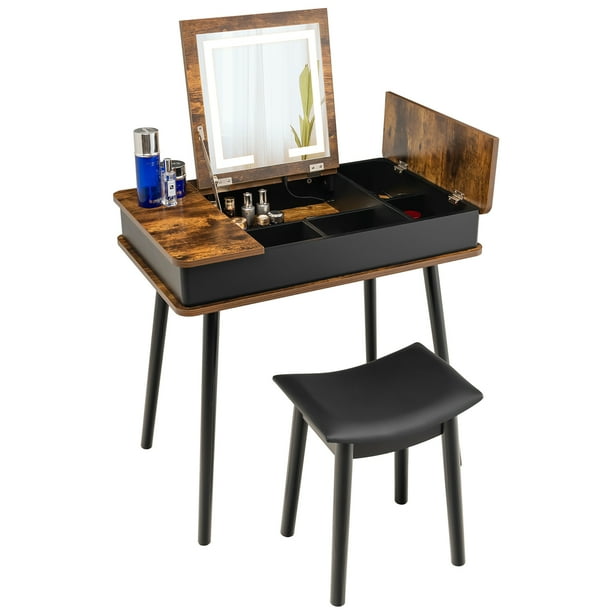 Costway Vanity Table Set w/ Flip Top Mirror Lights USB Port Cushioned