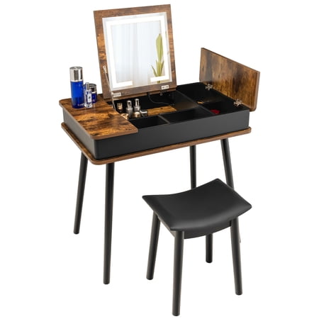 Costway Vanity Table Set w/ Flip Top Mirror Lights USB Port Cushioned Stool Writing Desk