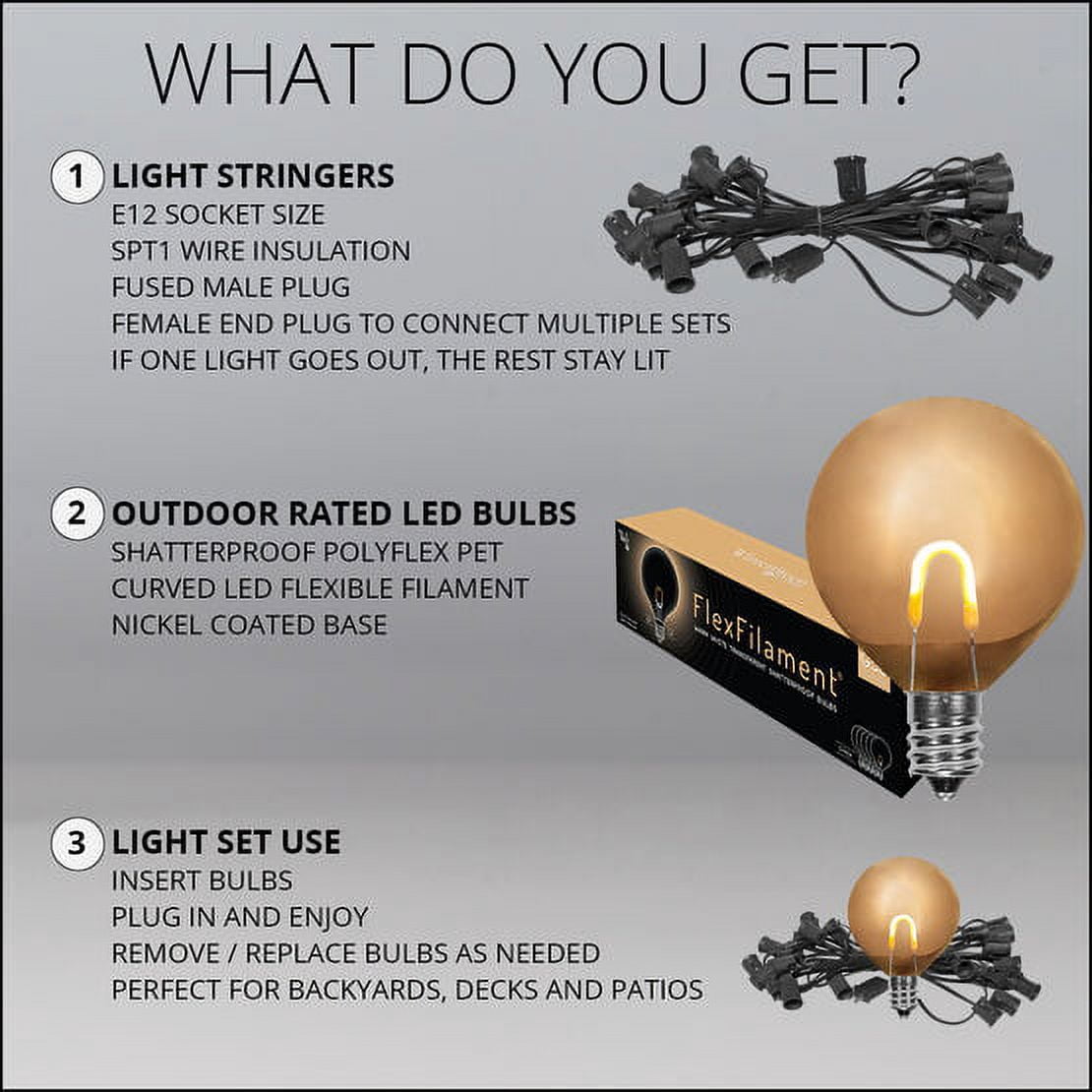 Wintergreen Lighting FlexFilament Edison Bulb Shatterproof G50 Patio String Lights, 25 ft, 25 Lights