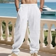 thumbnail image 2 of Men's Cotton Linen Pants Elastic Waist Drawstring Lightweight Trouser Casual Loose Fit Basic Beach Pant with Pockets, 2 of 9