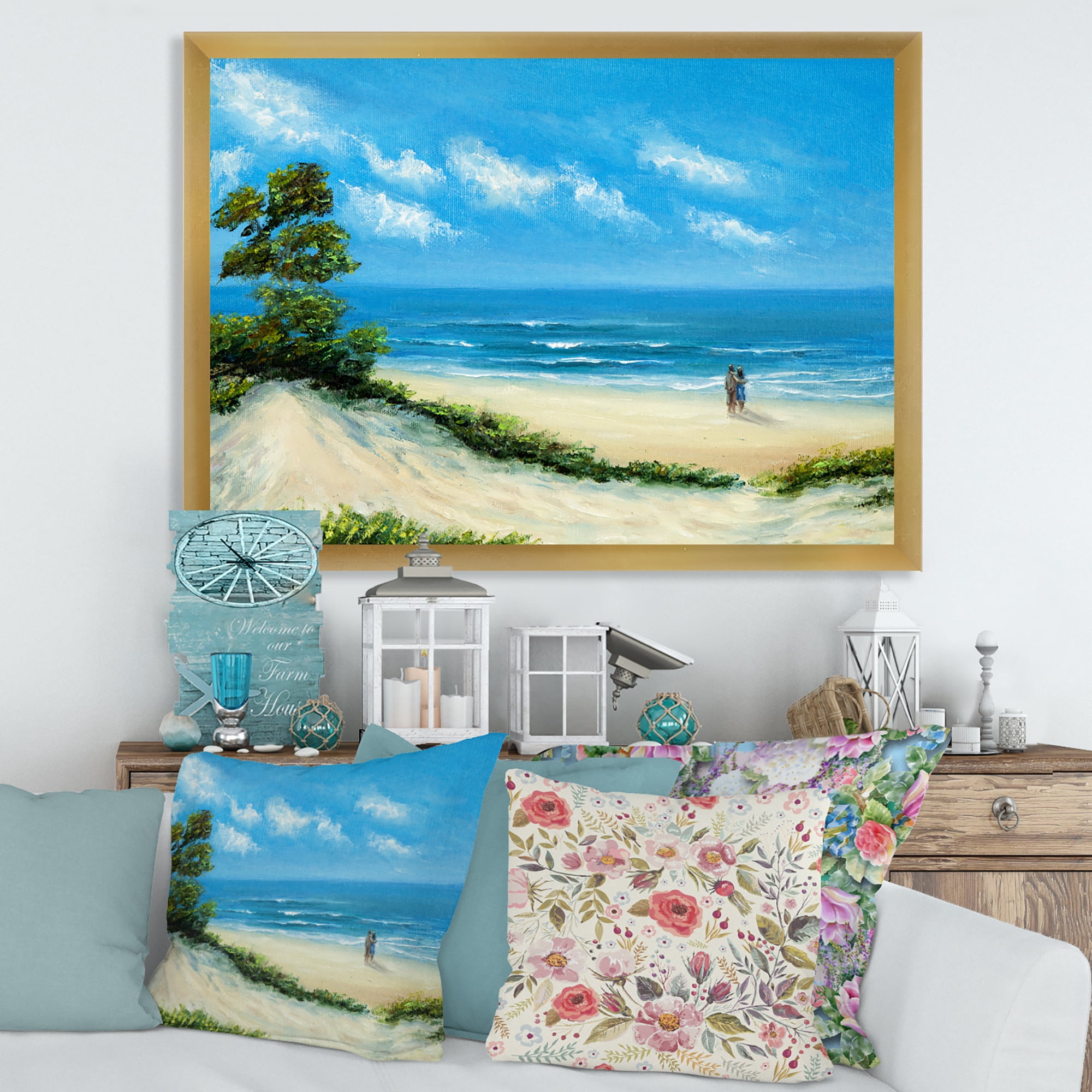 Designart 'Couple At The Beach In Sunlight' Nautical & Coastal Framed Art Print