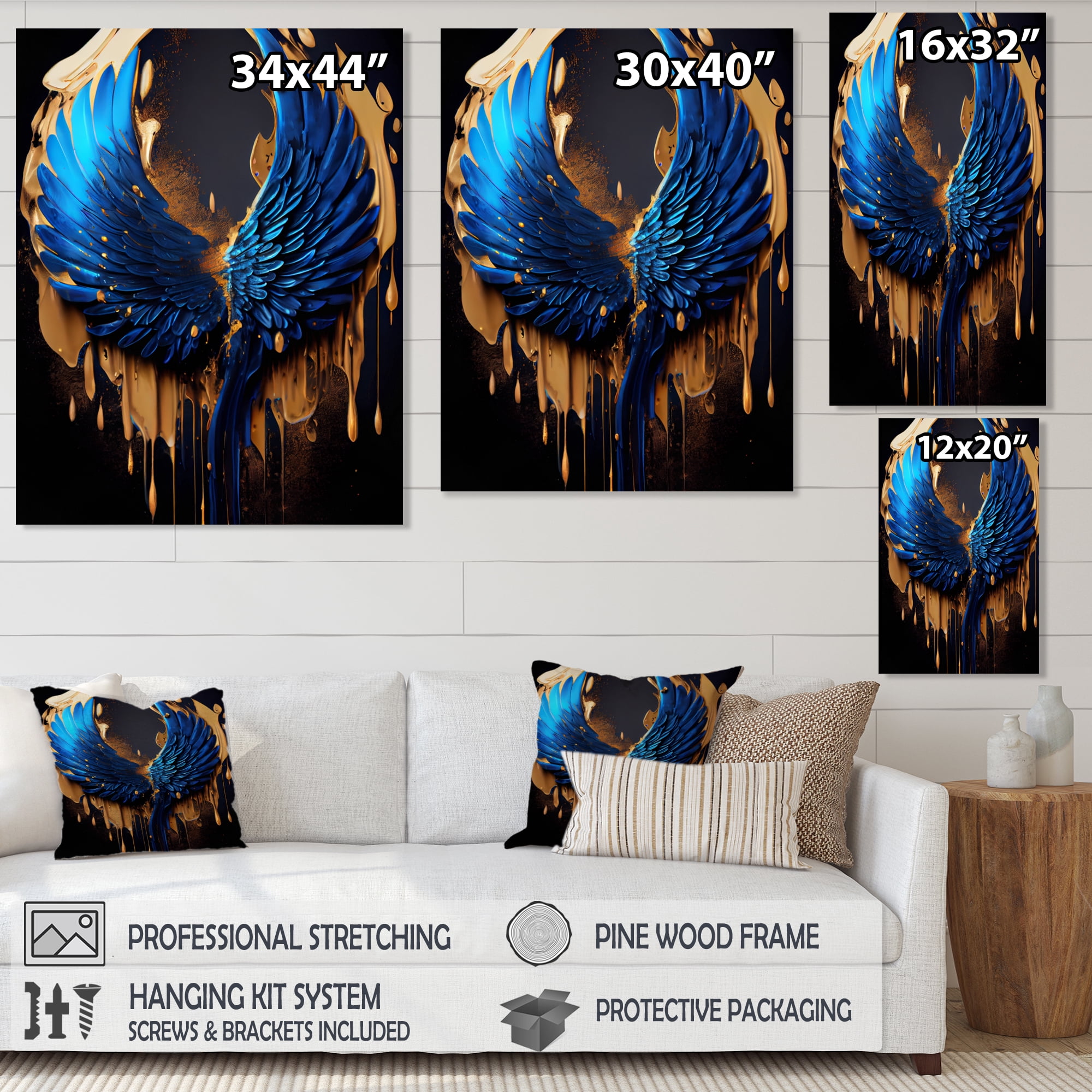 Designart Blue And Gold Angel Wings IV Canvas Wall Art