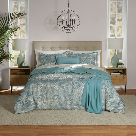 Mainstays Full/Queen Comforter Set, All-Season, 5-Piece, Teal Jacquard Medallion
