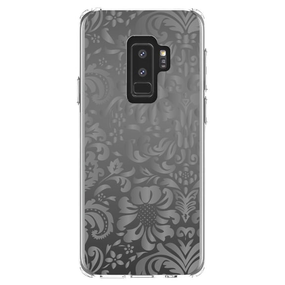 DistinctInk Clear Shockproof Hybrid Case for Samsung Galaxy S9  PLUS (6.2" Screen) - TPU Bumper, Acrylic Back, Tempered Glass Screen Protector - Shades of Grey Floral Pattern