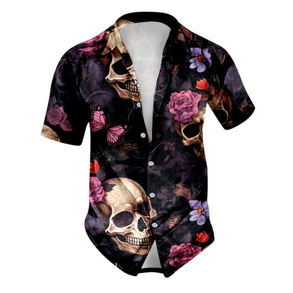 Men Button Up Shirt Halloween Theme Skull Print Casual Turndown Collar Short Sleeve Shirt Cute Shirts