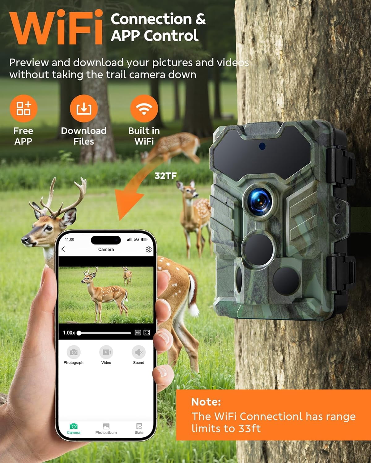 CAMPARK WiFi Trail Camera with Night Vision Motion Detection Waterproof IP66 32MP 1080P Game Camera for Hunting