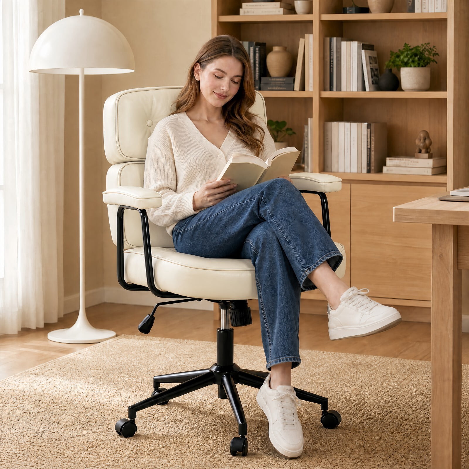 Kelno Ergonomic PU Leather Office Chair 350lbs Capacity High Back Computer Chair with Lumbar Support Adjustable Rolling Swivel Task Chair, Beige