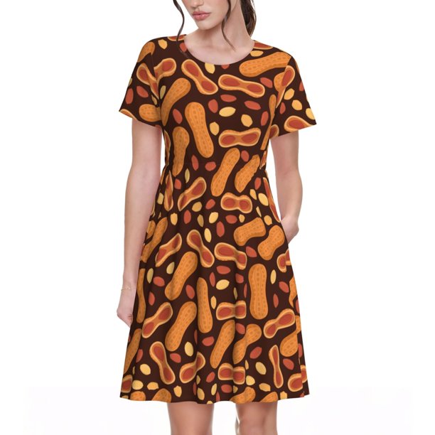 Easygdp Peanuts2 para Vestido Transpirable de Mujer, Vestido Suelto de Manga Corta con Pliegues y Bolsillos para el Verano