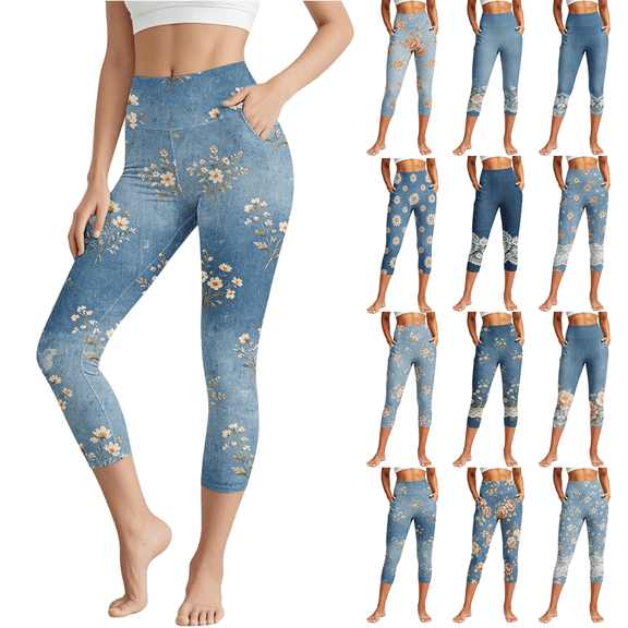 Jopfuhed Leggings for Women Stretchy High Waist Tummy Control 7/8 Yoga Pants with Pockets Casual Floral Printed Gym Workout Pants,Sizes S-3XL