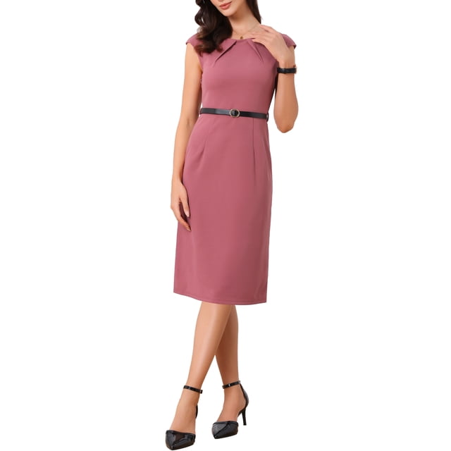 INSPIRE CHIC Vestido Elegante de Mujer con Mangas Cortas y Cinturón para Trabajar, Vestido Tipo Sheath en Rosa Oscuro Talla L