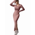 thumbnail image 4 of Women'S Casual Long Sleeve Collar V Neck Maxi Sweater Dress Slit Thigh Ribbed Knit Bodycon Pencil Dresses Pink S, 4 of 9