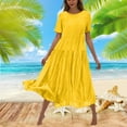 thumbnail image 1 of Gspmoly Robes Décontractées pour Femmes, Robe Décontractée à Fleurs Unie à Manches Courtes et Col Rond pour Femmes, Robe Longue Fluide à Étages pour la Plage, Robes Formelles pour Femmes Offres Hebdomadaires, 1 of 6