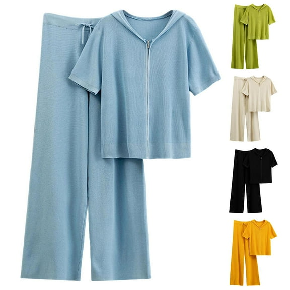 Feancey Sweater Lounge Sets for Women 2 Piece Short Sleeve Zip Up Hoodie and Drawstring Pants Matching Set Solid Color Casual Knit Pajama Two Piece Blue Free Size