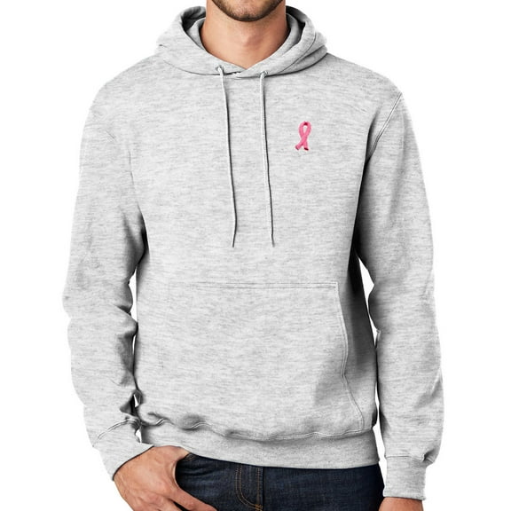 Mens Breast Cancer Ribbon Patch Hoodie Sweatshirt, Large-Tall Ash Gray